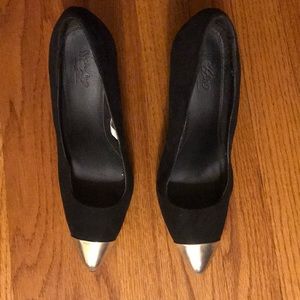 Gold capped toe black suede heels